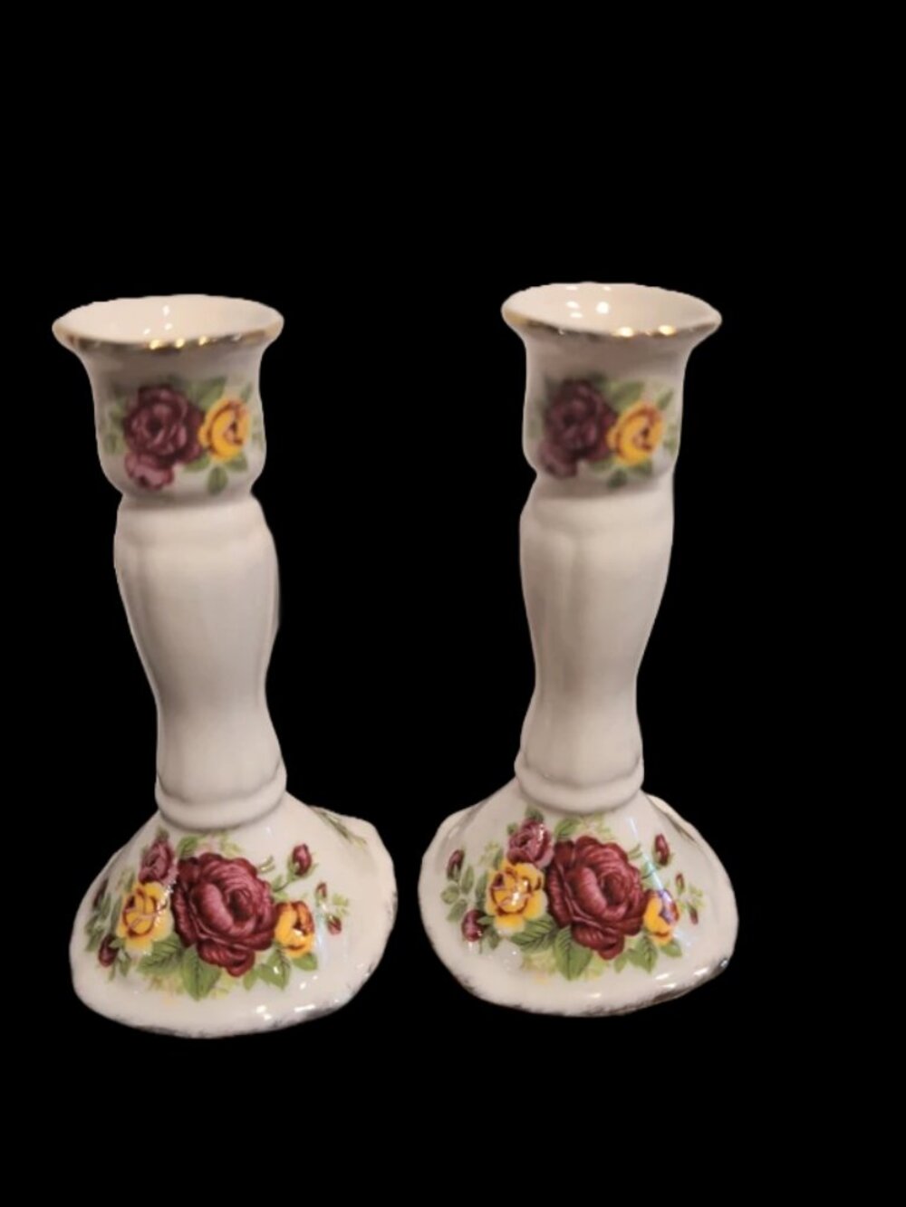 VINTAGE FINE BONE CHINA "COTTAGE ROSE" CANDLE STICK HOLDERS- Set 2